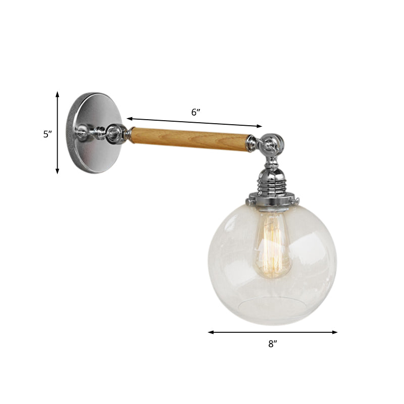 BowLift | Vintage Orb Wall Light Fixture 1 Lamp Clear Glass Wall Lamp in Chrome for Bathroom, 8"/4"/6" Wide Wooden Arm