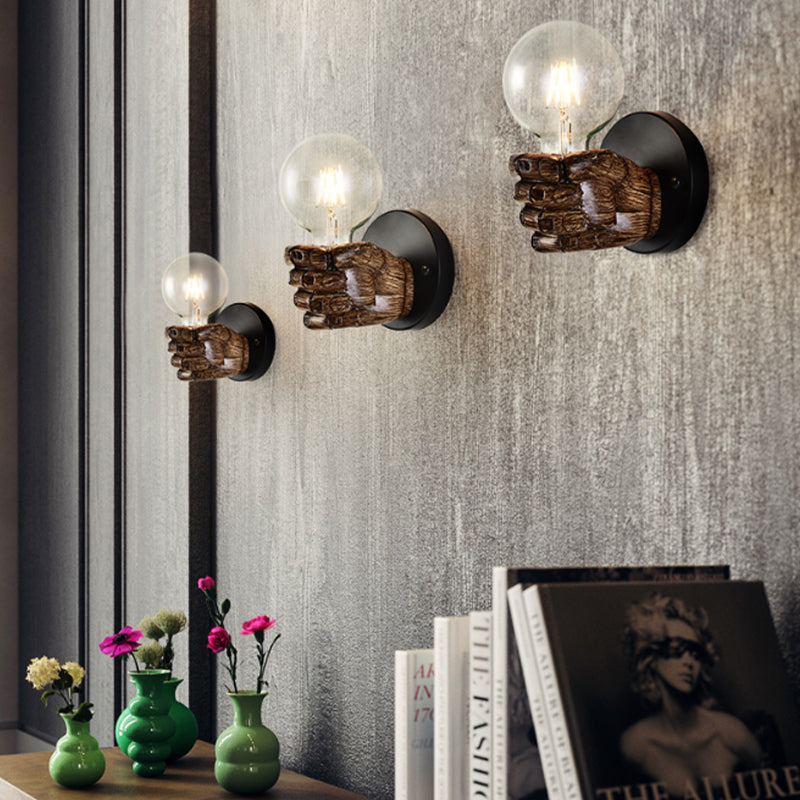BowLift | Brown Hand Wall Lamp Single Light Retro Wood Wall Lamp with Globe Bulb for Hallway