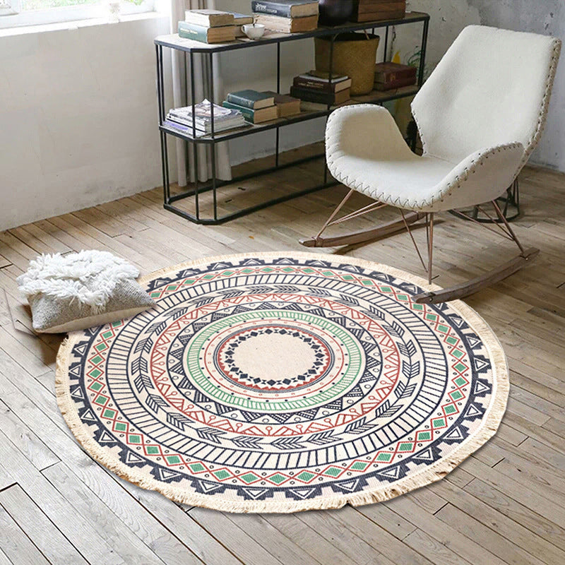 BowLift | White Southwestern Carpet Linen Floral and Concentrated Circles Pattern Carpet Washable Carpet for Living Room
