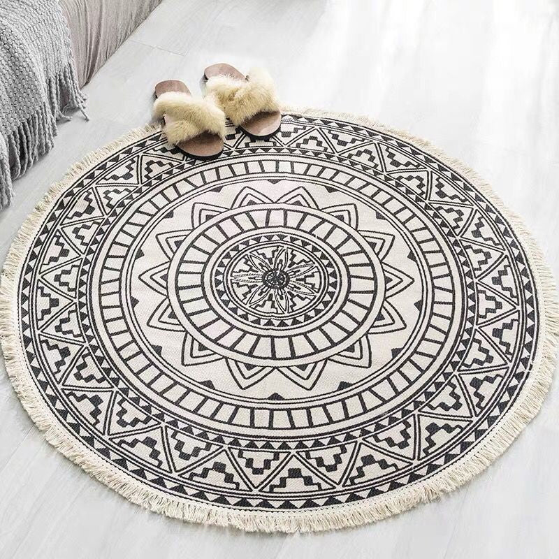 BowLift | White Southwestern Carpet Linen Floral and Concentrated Circles Pattern Carpet Washable Carpet for Living Room