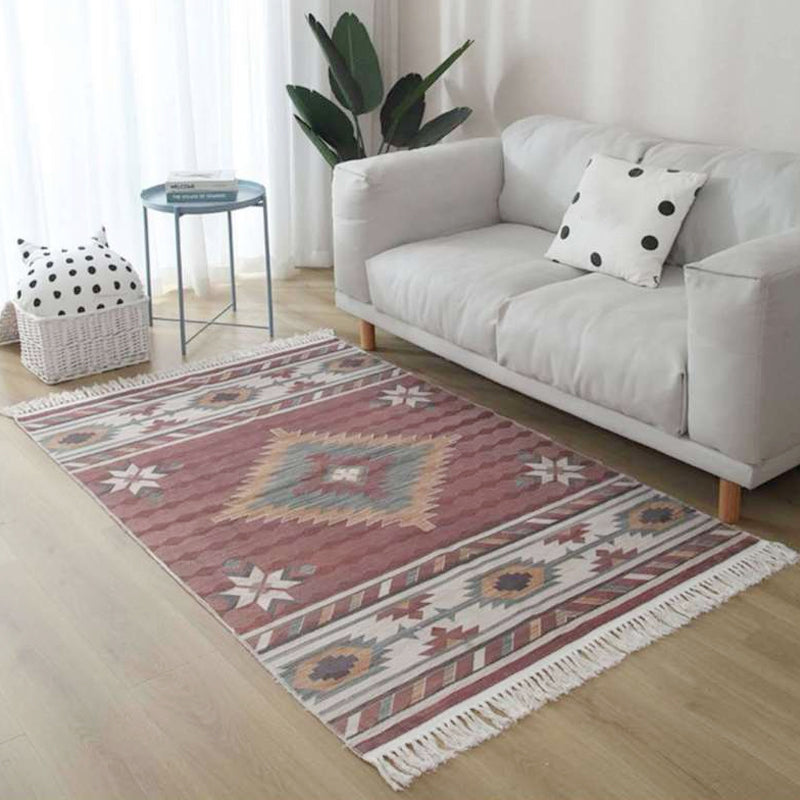 BowLift | White and red southwestern rug linen tribal geometric pattern rug washable fringed rug for the living room