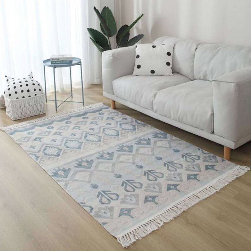BowLift | White and red southwestern rug linen tribal geometric pattern rug washable fringed rug for the living room