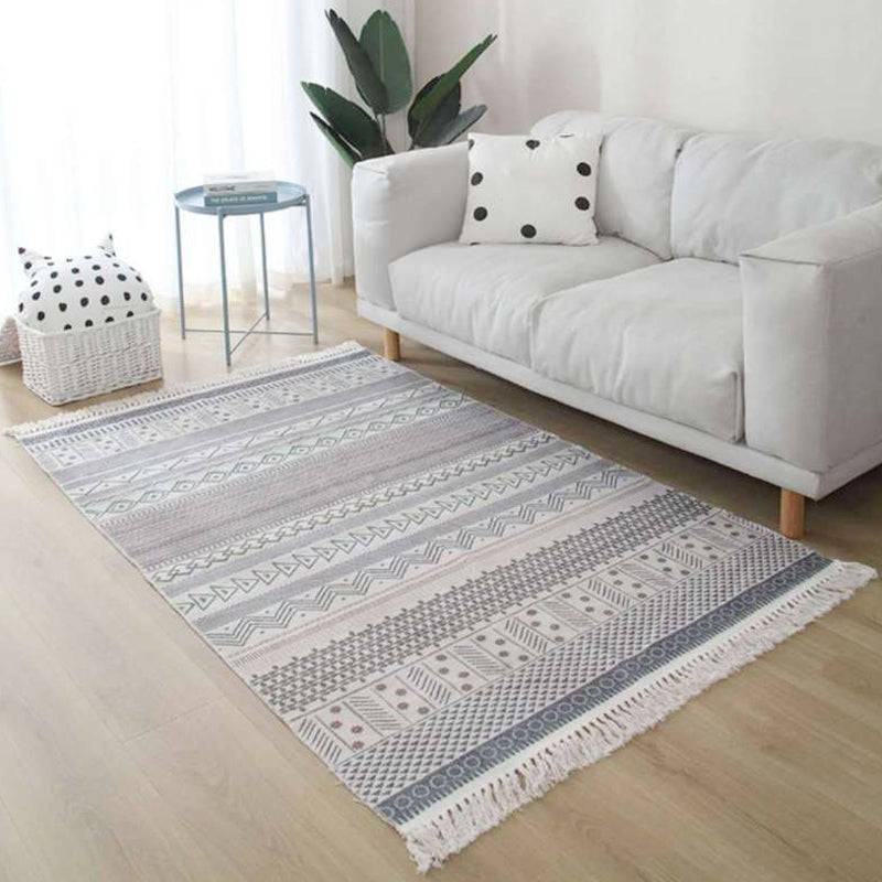 BowLift | White and red southwestern rug linen tribal geometric pattern rug washable fringed rug for the living room