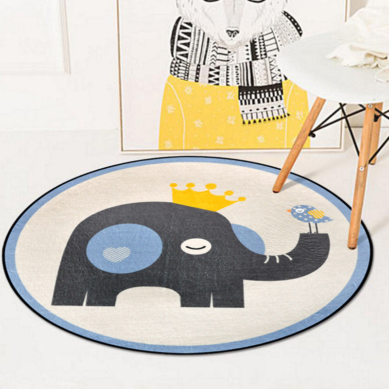 BowLift | Blue and Ivory Children's Room Carpet Child Animals Rabbit Owl Elephant Penguin Pattern Area Rug Polyester Washable Carpet