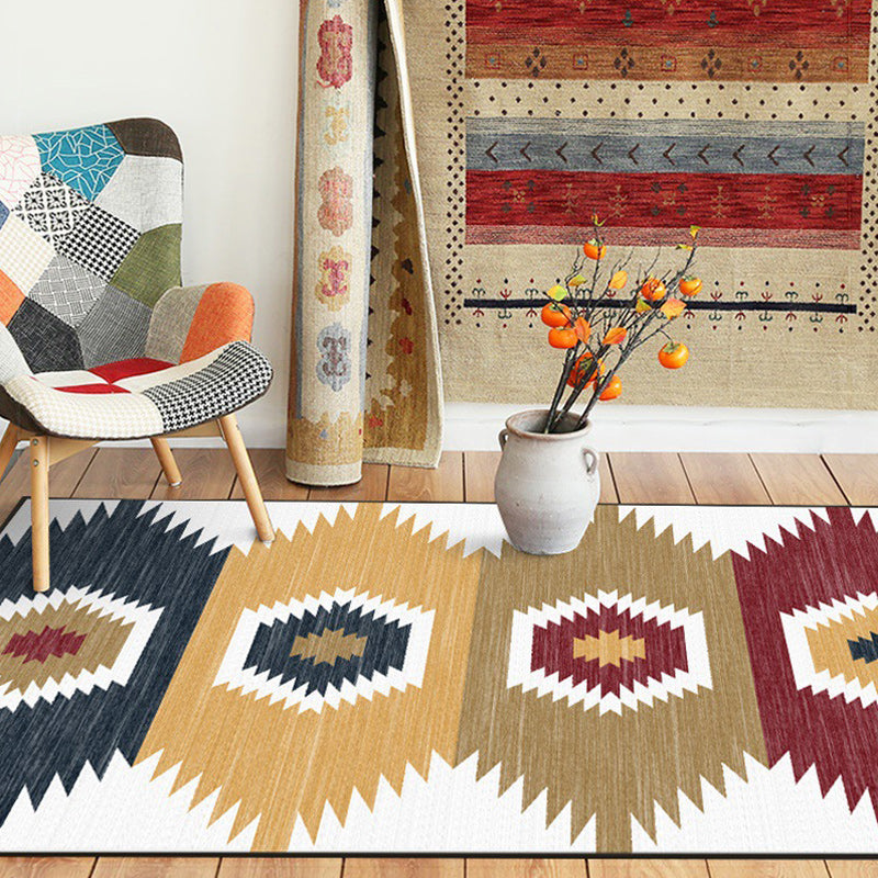 BowLift | White and brown bedroom carpet with southwestern geometric pattern, area rug made of polyester with non-slip backing