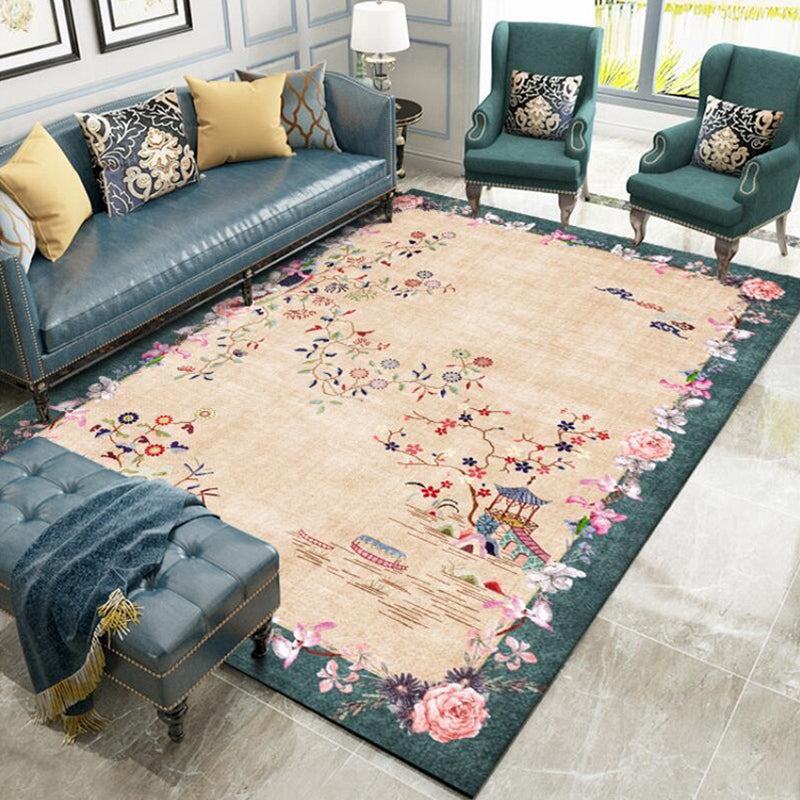 BowLift | Light brown vintage carpet made of polyester with floral pattern, washable, non-slip back, carpet for the living room