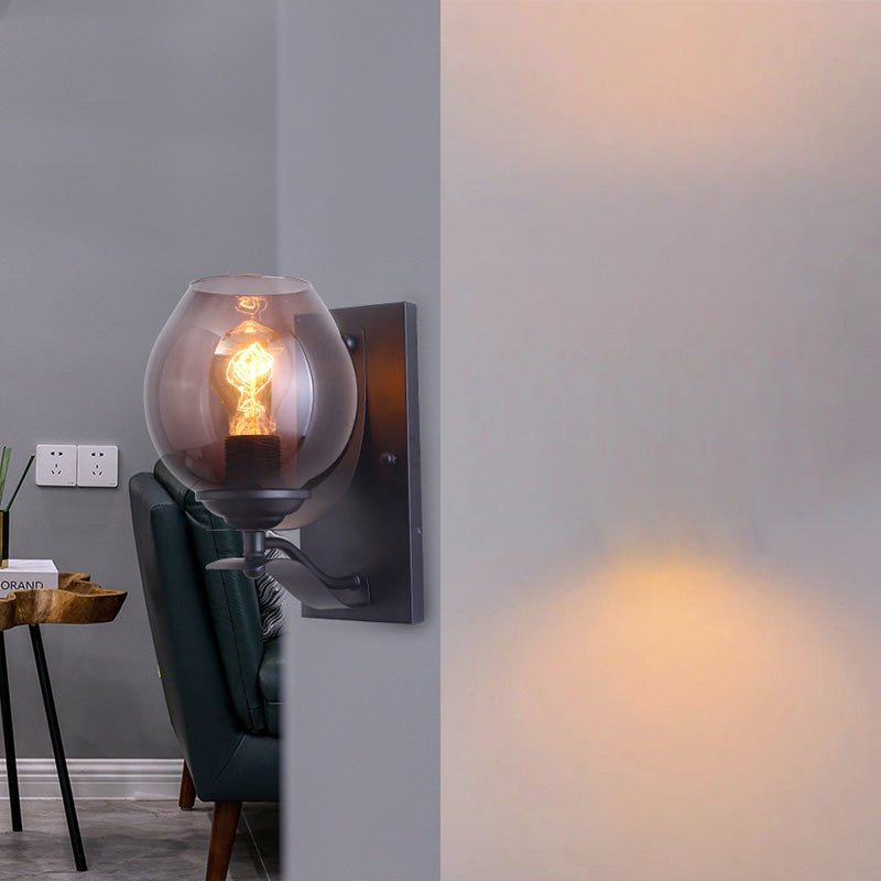 BowLift | A light wall lamp with ball shade gray glass industrial café lighting fixture in black