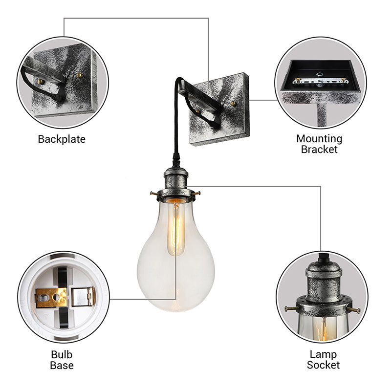 BowLift | Black Bulb Shade Wall Light Industrial Clear Glass 1 Light Living Room Wall Lights Fixture