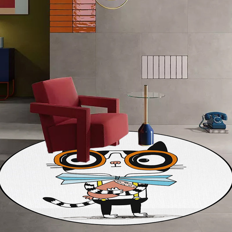 BowLift | White and Blue Children's Room Rug Children Animals Cat Dots Pattern Area Rug Polyester Pet Friendly Carpet