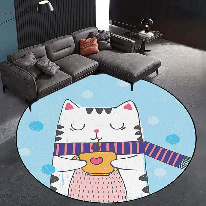 BowLift | White and Blue Children's Room Rug Children Animals Cat Dots Pattern Area Rug Polyester Pet Friendly Carpet
