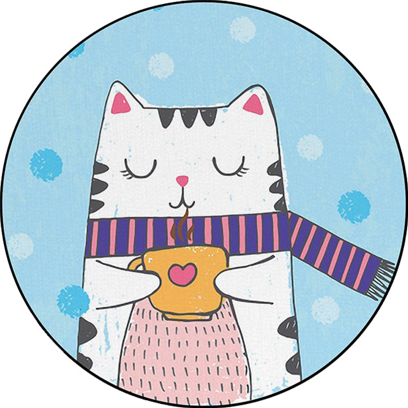 BowLift | White and Blue Children's Room Rug Children Animals Cat Dots Pattern Area Rug Polyester Pet Friendly Carpet