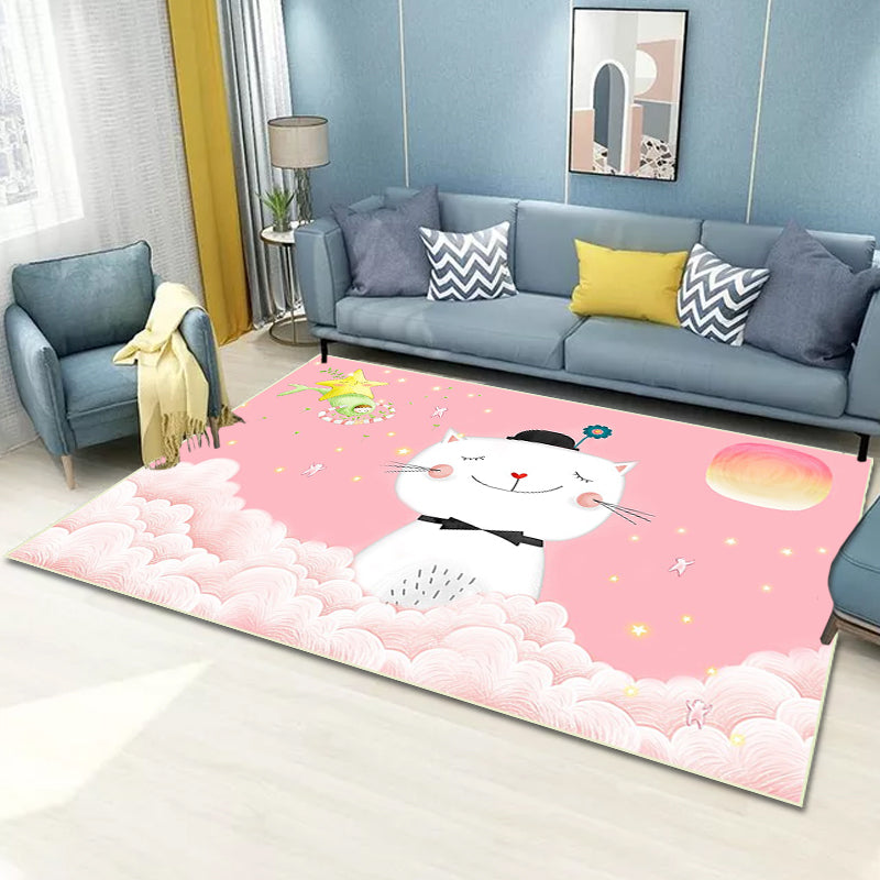 BowLift | Casual Kids Rug in Pink Animal Cat Cloud Pattern Rug Polyester Non-Slip Back Washable Rug for the Kids Room