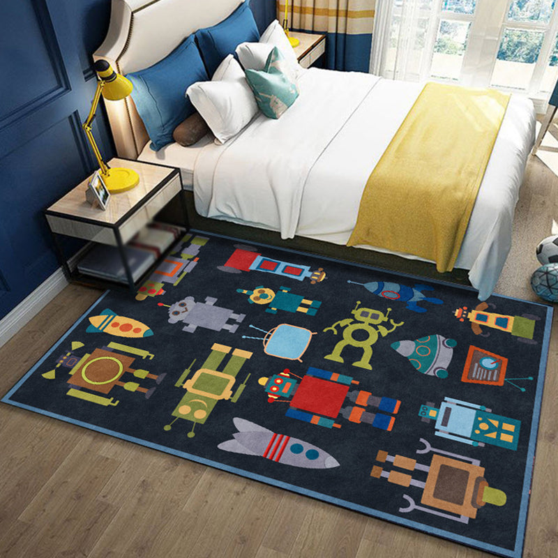 BowLift | Unique Children's Carpet in Blue Extraterrestrial Robot Rocket Pattern Carpet Polyester Non-slip Underlay Carpet for Children's Room