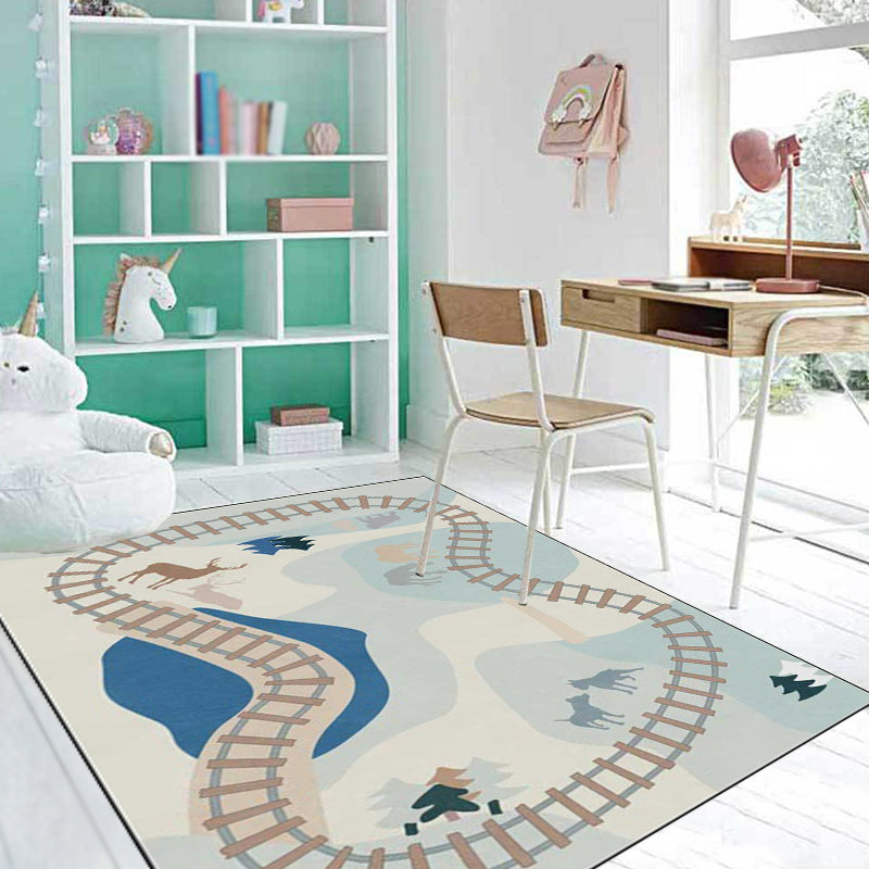 BowLift | Casual Kids Carpet in Blue Cars & Roads Deer Horse Tree Pattern Carpet Polyester Anti-Slip Back Carpet for the Children's Room