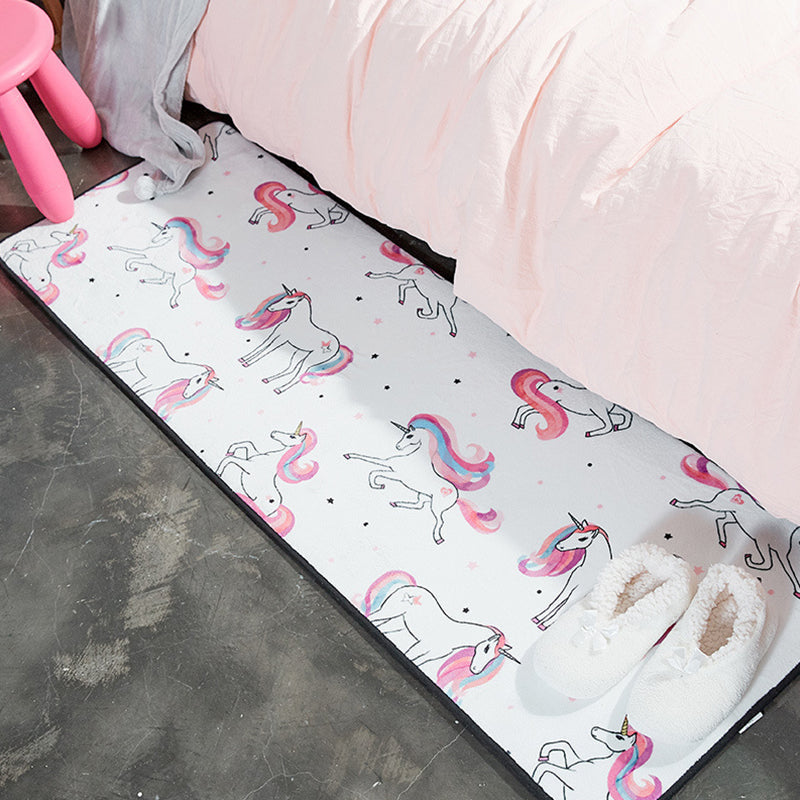 BowLift | Children's Room Rug in White and Pink Animal Bear Rabbit Swan Print Rug Polyester Stain-Resistant Area Rug