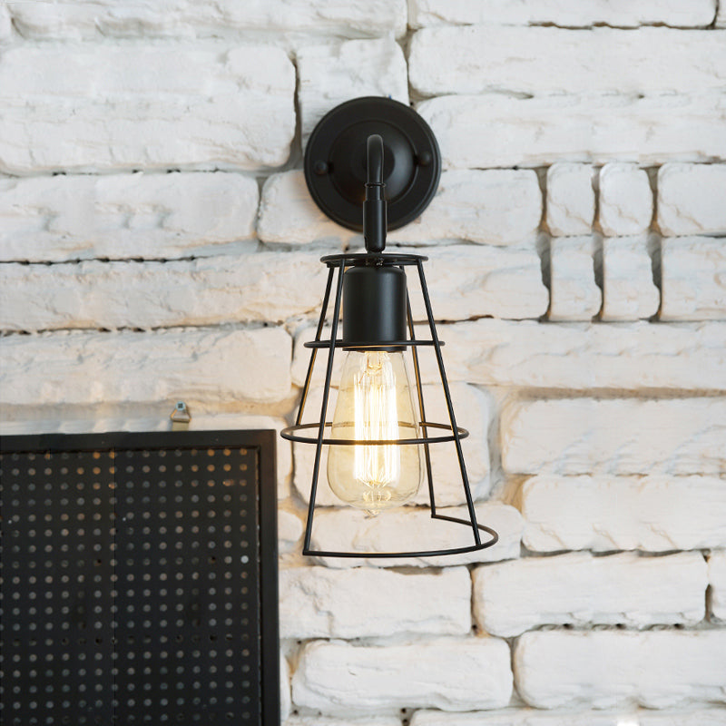 BowLift | Vintage Style Conic Cage Wall Lamp with Curved Arm 1 Light Metal Wall Lamp in Black/White