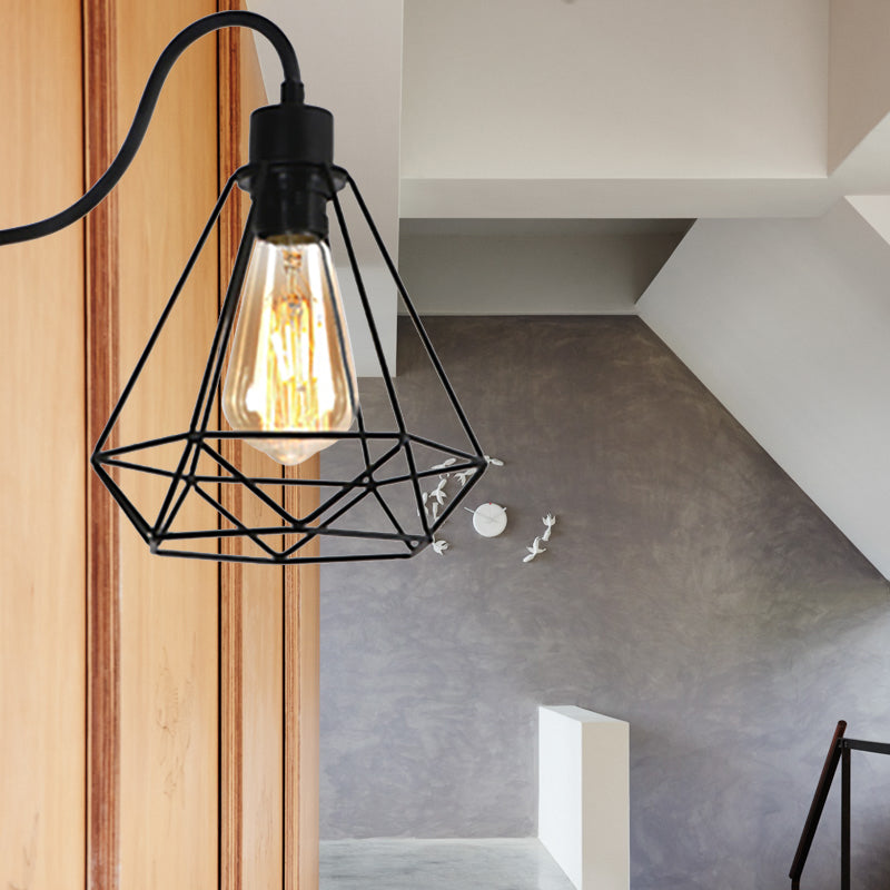 BowLift | Black 1 Light Wall Lamp Retro Style Metal Diamond/Star Wall Light with Cage Shade for Café