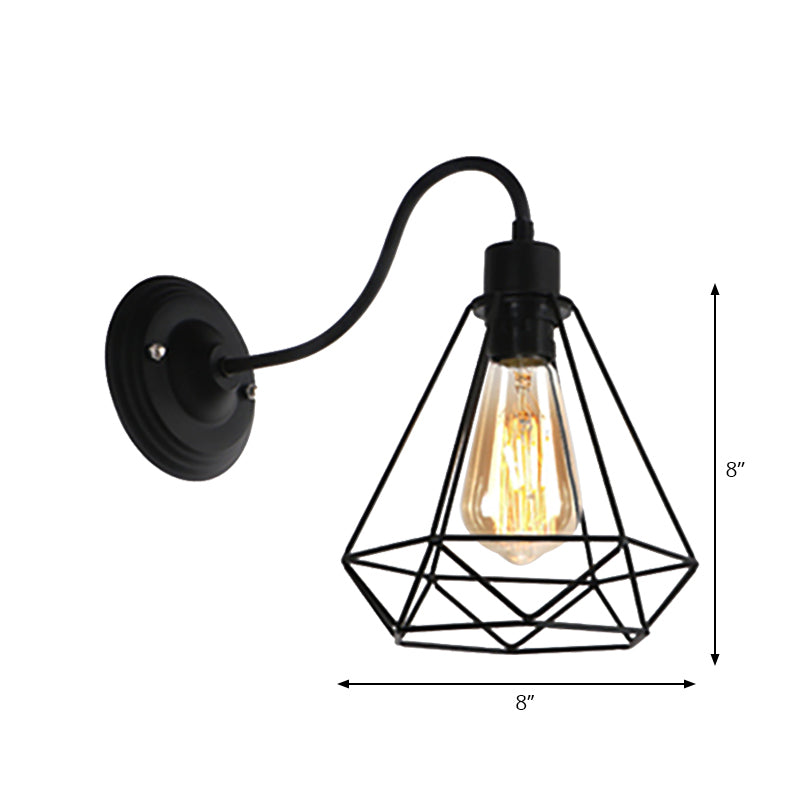 BowLift | Black 1 Light Wall Lamp Retro Style Metal Diamond/Star Wall Light with Cage Shade for Café