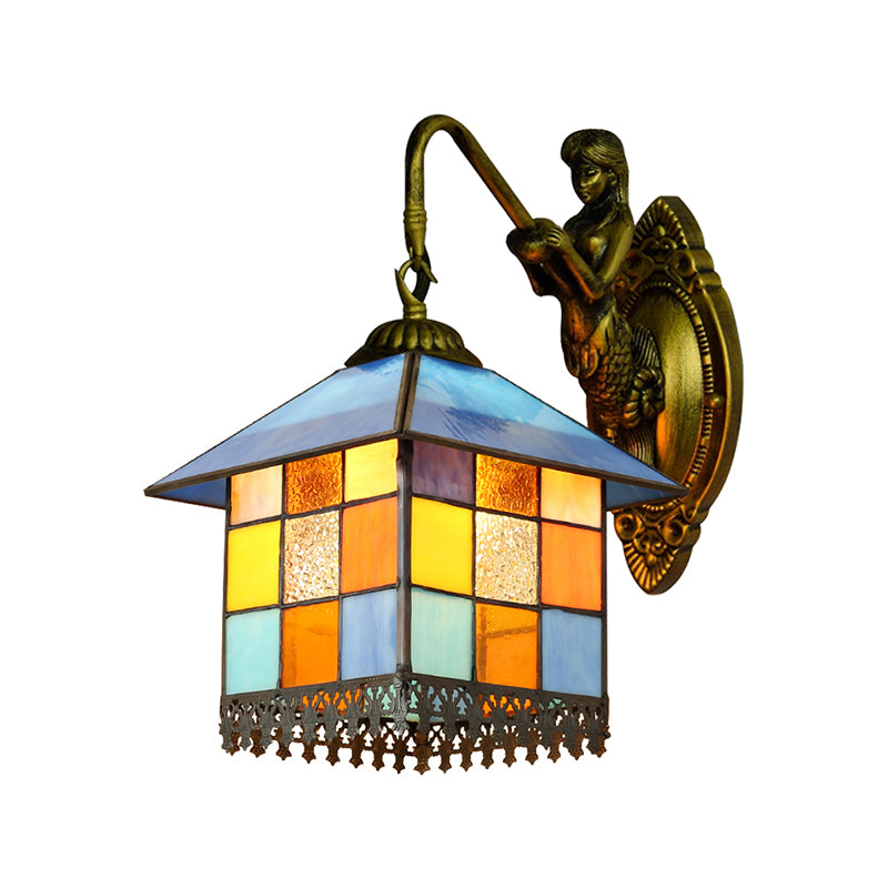 BowLift | House Wall Light Mediterranean Multicolor Stained Glass 1 Head Antique Brass Wall Light