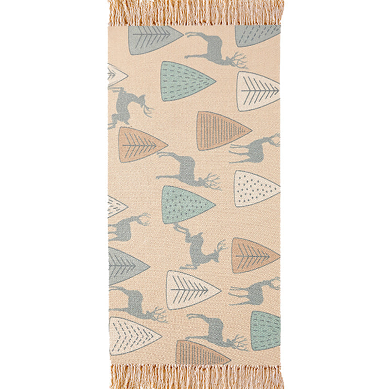 BowLift | Unique Kids Rug in Ivory Animal Deer Tree Pattern Rug Cotton and Linen Washable Fringe Carpet for Children's Room