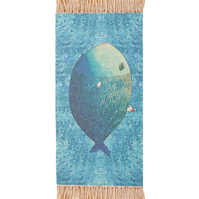 BowLift | Blue Children's Room Carpet Children's Animal Fish Pattern Carpet made of Cotton and Linen Washable Carpet with Fringes