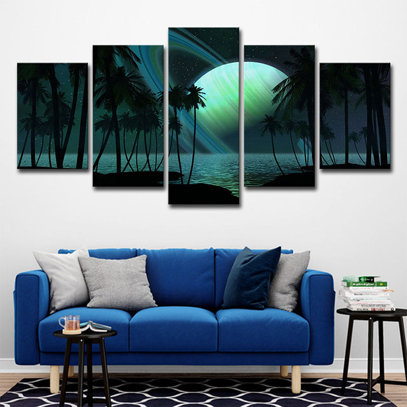 BowLift | Tropics Night Zeeland Landscape Canvas Green Ring Planet Wall Art Print for Family Room