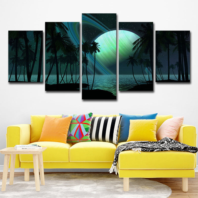 BowLift | Tropics Night Zeeland Landscape Canvas Green Ring Planet Wall Art Print for Family Room