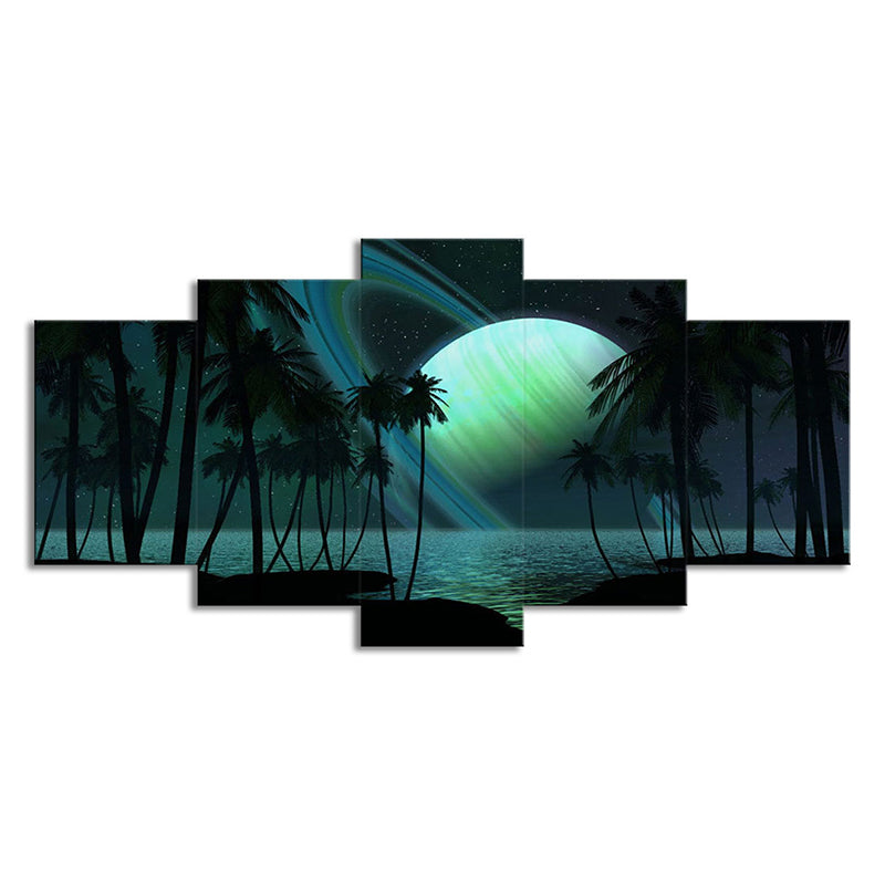 BowLift | Tropics Night Zeeland Landscape Canvas Green Ring Planet Wall Art Print for Family Room