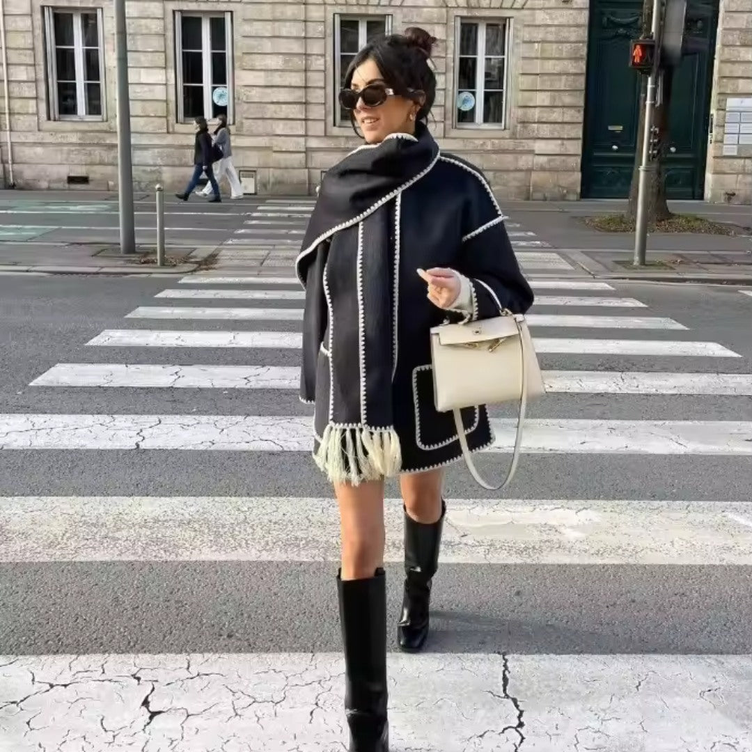Scarf Coat in Soft Fabric with 2-in-1 Layered Design