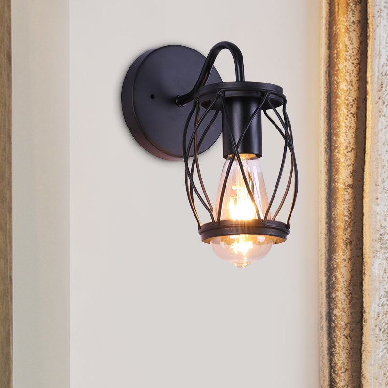 BowLift | Waist Drum Frame Restaurant Wall Lamp Vintage Metallic 1 Light Black Wall Mounting Lighting Fixture
