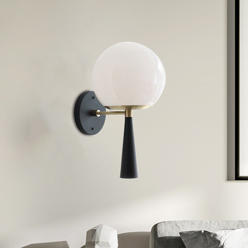 BowLift | White Glass Globe Wall Light Postmodern 1-Bulb Black Wall Lamp for the Bedroom