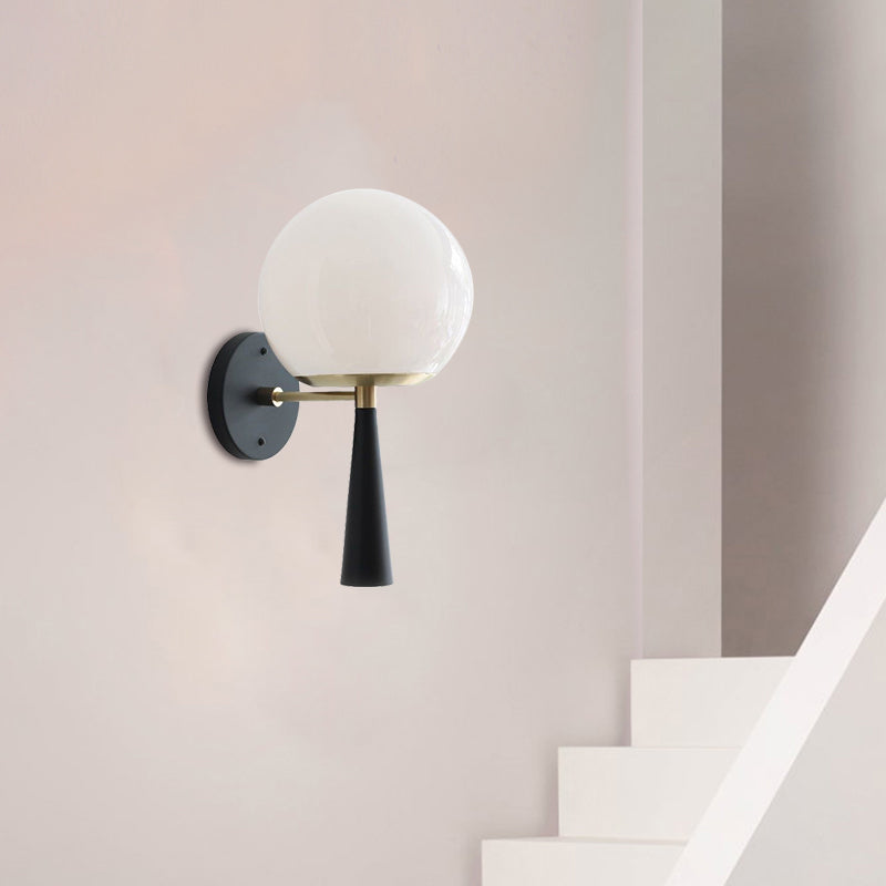 BowLift | White Glass Globe Wall Light Postmodern 1-Bulb Black Wall Lamp for the Bedroom