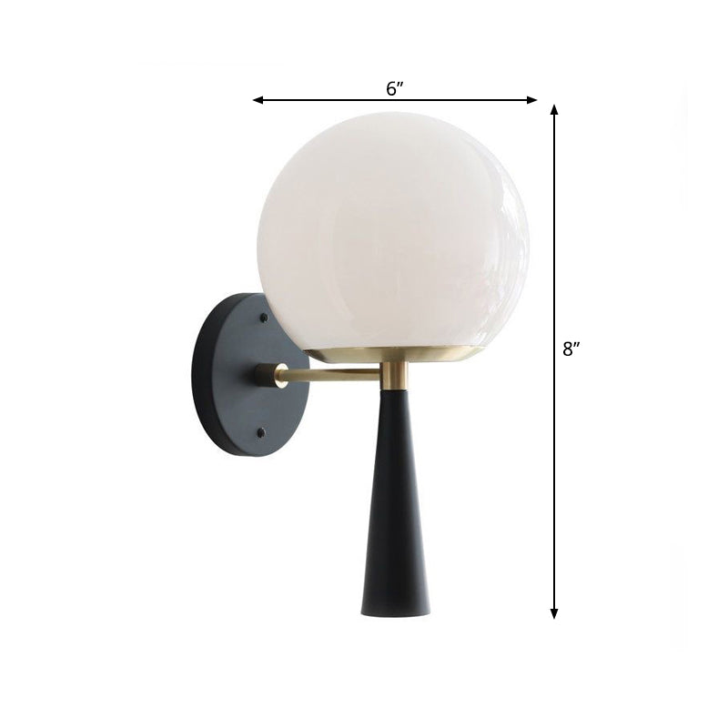 BowLift | White Glass Globe Wall Light Postmodern 1-Bulb Black Wall Lamp for the Bedroom