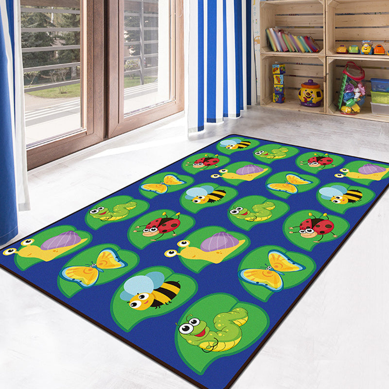 BowLift | Green and Blue Children's Carpet Polyester Animal and Insect Pattern Carpet Pet-Friendly Washable Non-Slip Background Rug for Decoration