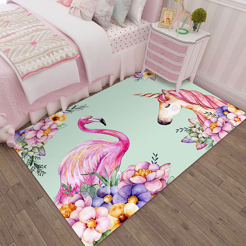 BowLift | Colorful Cartoon Animal Pattern Area Rug Pink and Blue Children Rug Polyester Pet-Friendly Washable Non-Slip Back Area Rug for Daycare