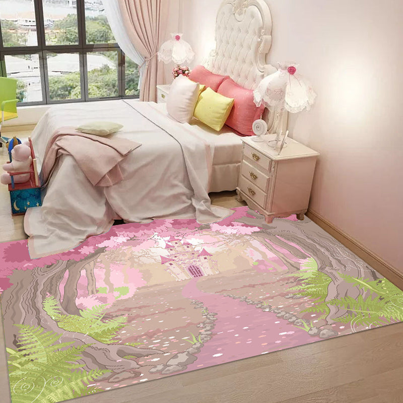 BowLift | Pink and Blue Children's Carpet Polyester Forest and City Pattern Carpet Pet Friendly Washable Non-Slip Backing Carpet for Decoration