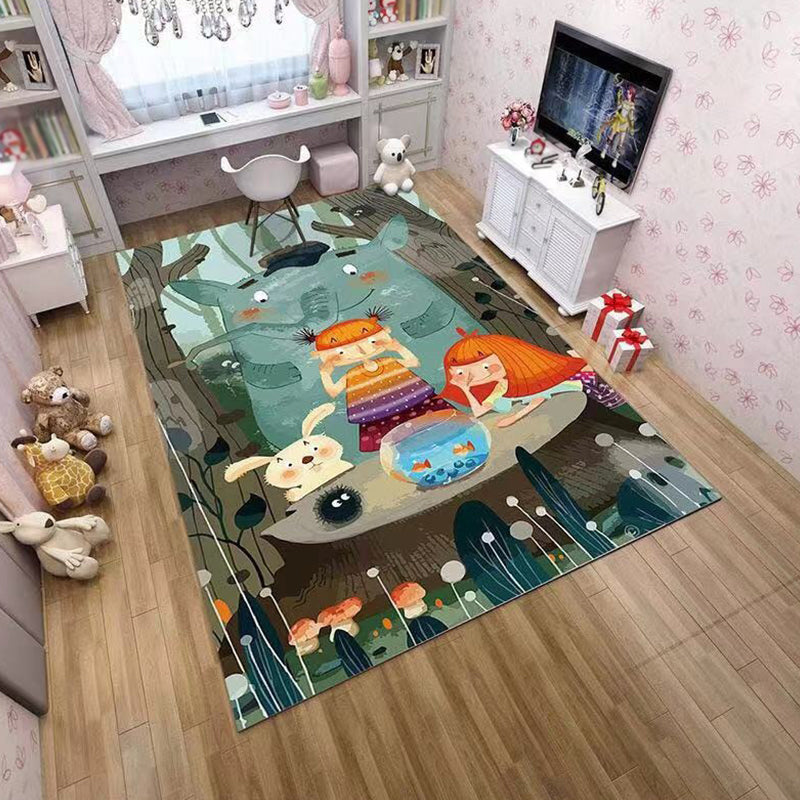 BowLift | Pink and Green Children Rug Polyester Cartoon Character Pattern Rug Pet-Friendly Washable Non-Slip Backing Rug for Decoration