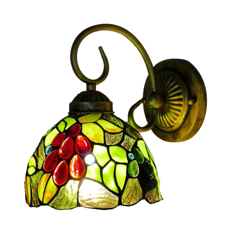 BowLift | Light Green Glass Dome Wall Lamp Fixture Tiffany 1 Head Antique Bronze Wall Lamp with Arch/Curved Arm