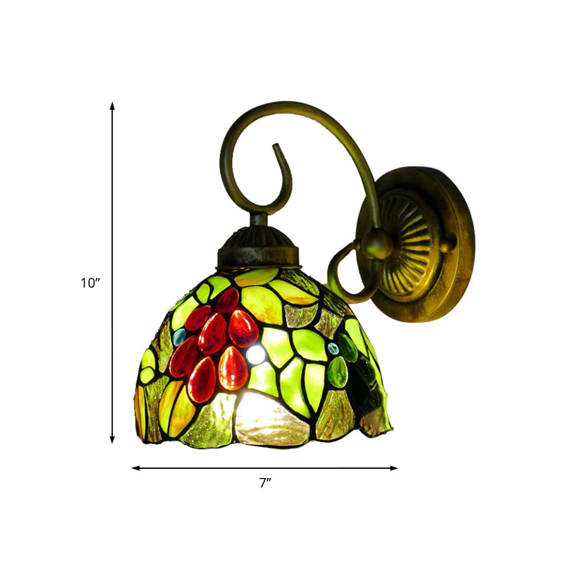 BowLift | Light Green Glass Dome Wall Lamp Fixture Tiffany 1 Head Antique Bronze Wall Lamp with Arch/Curved Arm