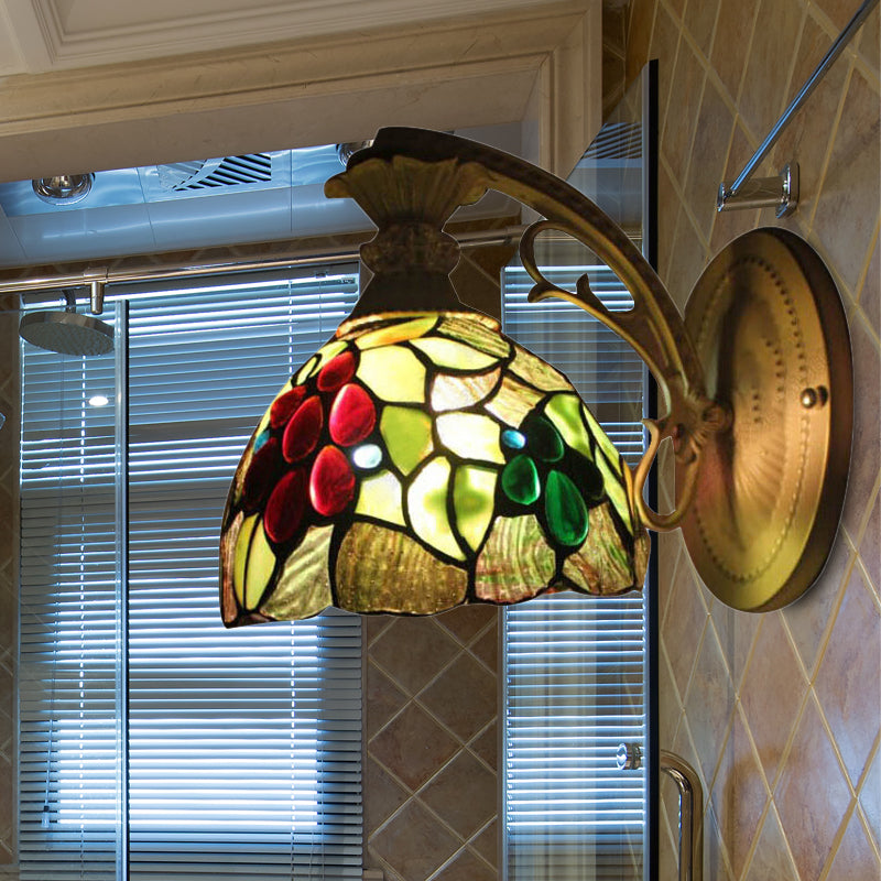 BowLift | Light Green Glass Dome Wall Lamp Fixture Tiffany 1 Head Antique Bronze Wall Lamp with Arch/Curved Arm