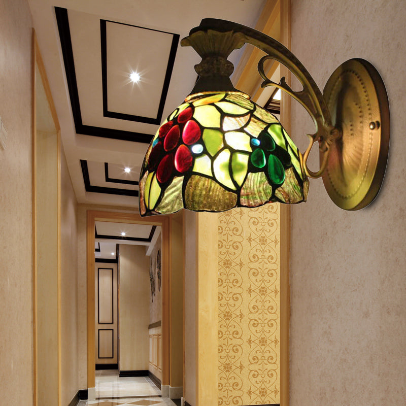 BowLift | Light Green Glass Dome Wall Lamp Fixture Tiffany 1 Head Antique Bronze Wall Lamp with Arch/Curved Arm