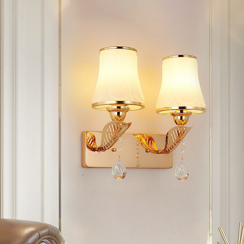 BowLift | Bell Wall Mount Light Modernist Opal Glass 2-Head Gold Wall Lighting with Crystal Drop