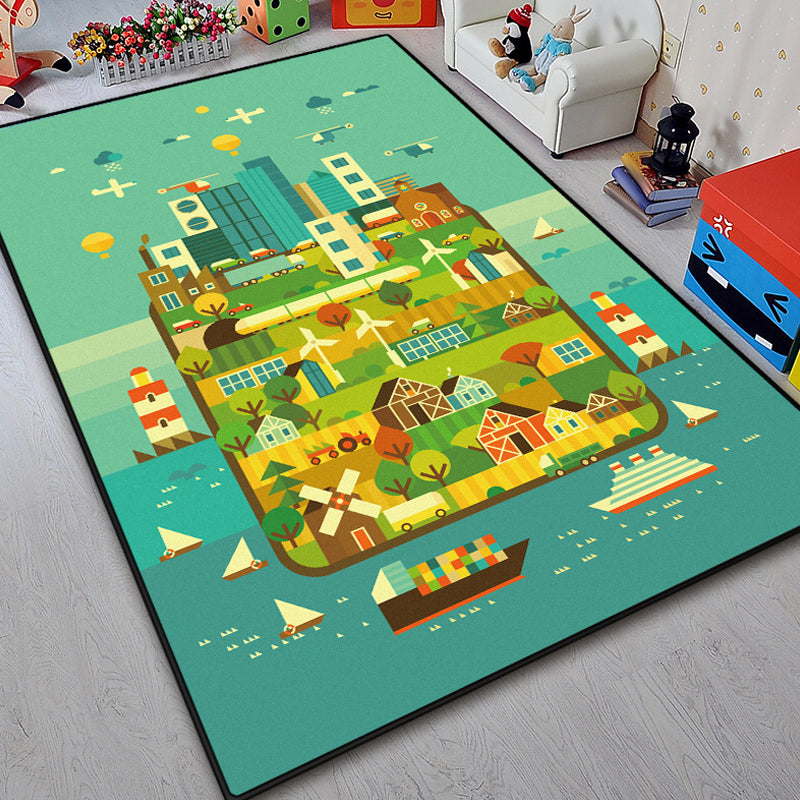 BowLift | Unique island design rug with tree Blue and Green children's rug Polyester Wash Friendly for pets Non-slip rug for the children's room