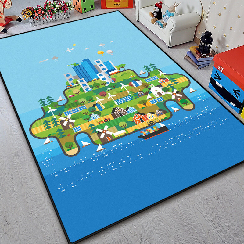 BowLift | Unique island design rug with tree Blue and Green children's rug Polyester Wash Friendly for pets Non-slip rug for the children's room