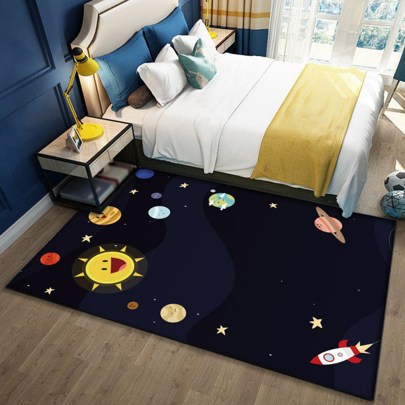 BowLift | Stylish Outer Space Pattern Rug Blue and Black Children's Rug Polyester Washable Pet-Friendly Non-Slip Rug for the Children's Room