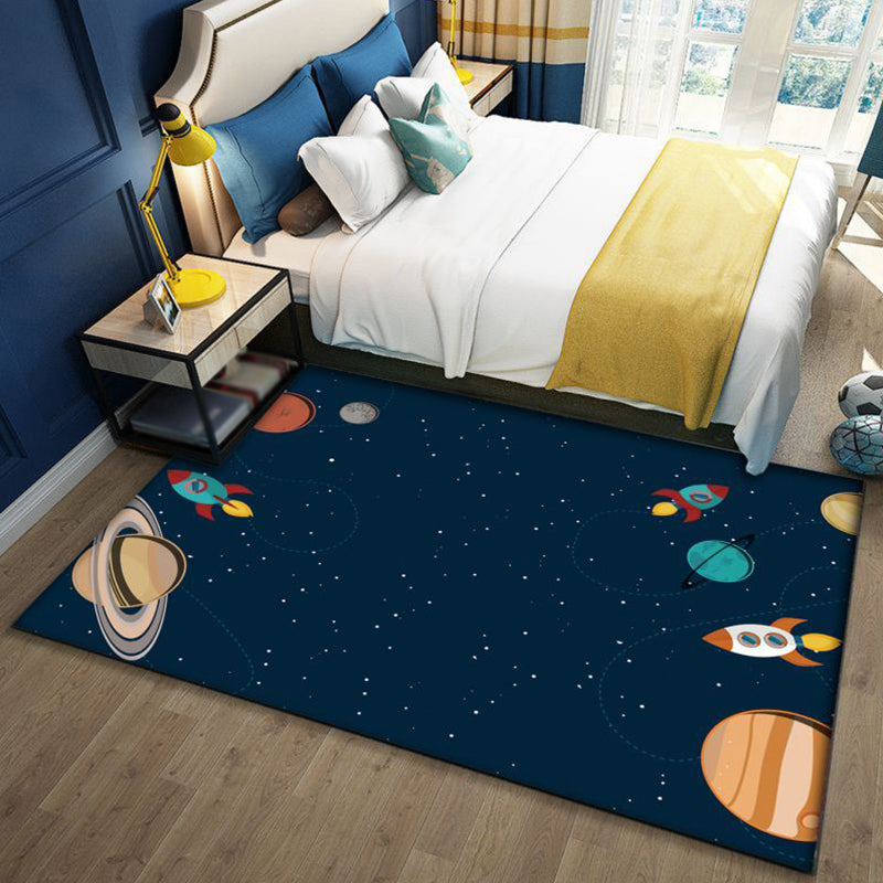BowLift | Stylish Outer Space Pattern Rug Blue and Black Children's Rug Polyester Washable Pet-Friendly Non-Slip Rug for the Children's Room