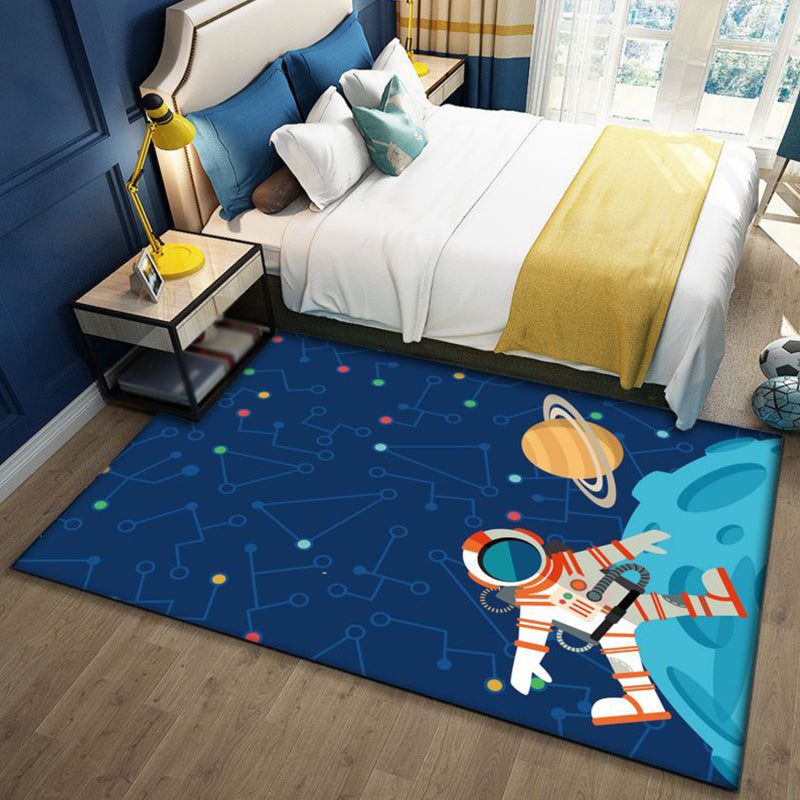 BowLift | Stylish Outer Space Pattern Rug Blue and Black Children's Rug Polyester Washable Pet-Friendly Non-Slip Rug for the Children's Room
