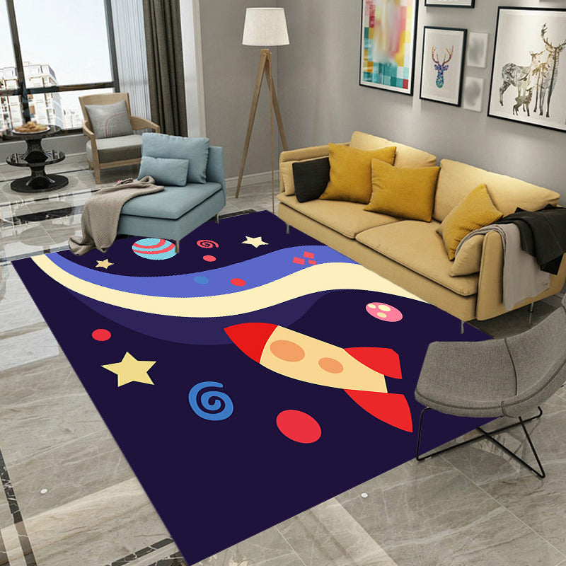 BowLift | Children's Spaceship Pattern Rug with Planet Dark Blue Polyester Rug Washable Pet-Friendly Non-Slip Rug for the Children's Room