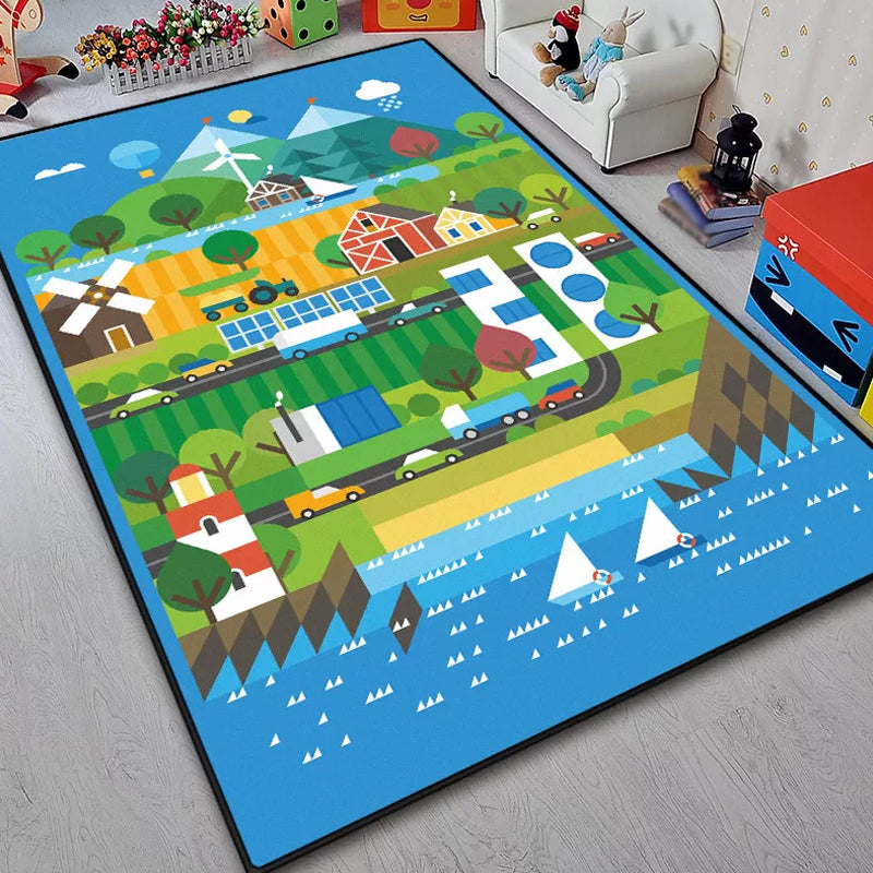 BowLift | Unique Construction Pattern Rug Blue Children's Rug Polyester Washable Pet-Friendly Non-Slip Rug for the Children's Room