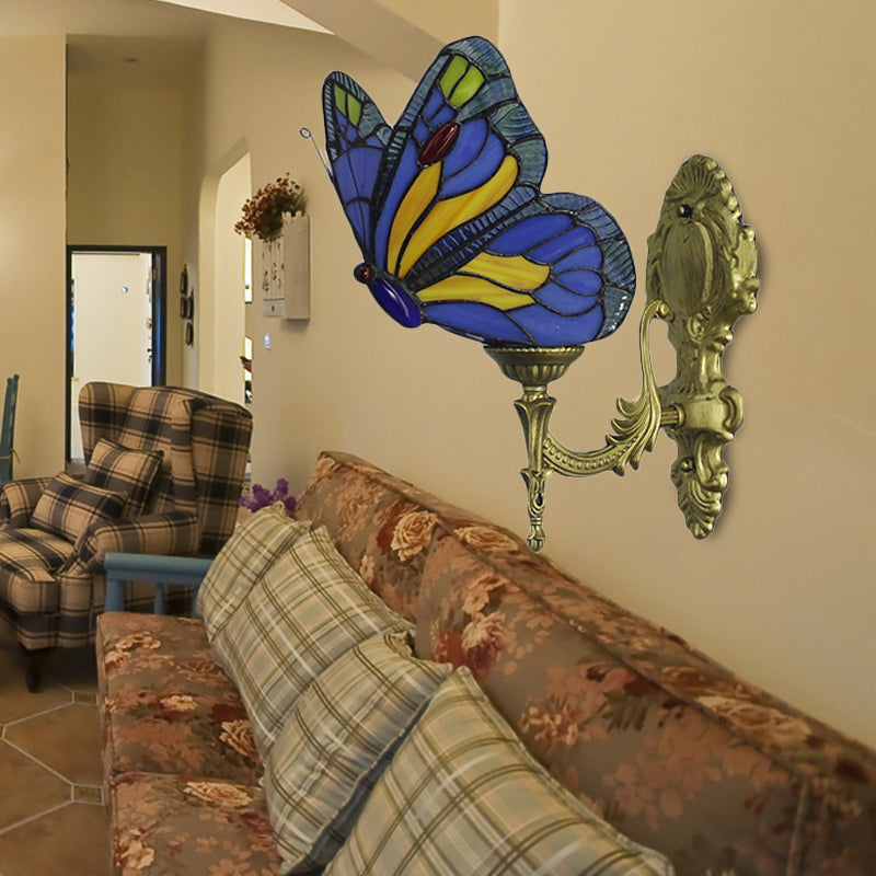 BowLift | Brass Finish Butterfly Wall Lighting Fixture Lodge Stained Glass 1-Bulb Wall Lighting in Red/Blue
